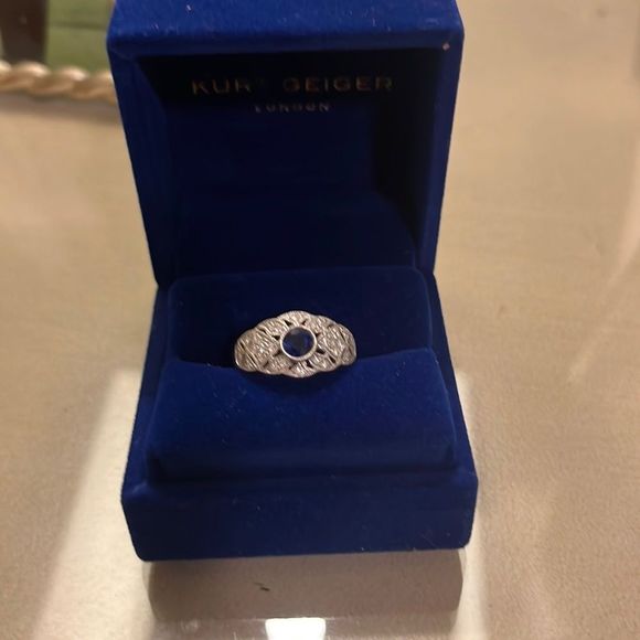 Art Deco 18k white gold band with real pave diamonds and sapphire ring - Picture 3 of 8